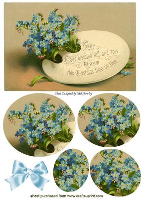 Pretty Blue Flowers on Vintage Christmas Plaque