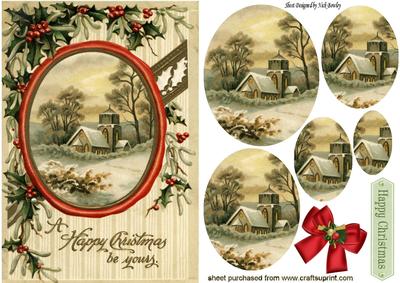 Christmas Be Yours, Vintage Church Scene Oval Pyramids