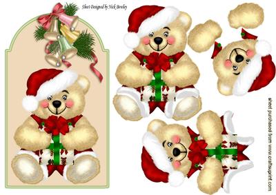 Lovely Santa Teddy Bear with Present on a Tag