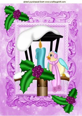 Little Bird in Lilac Frame in Birdhouse with Holly A4