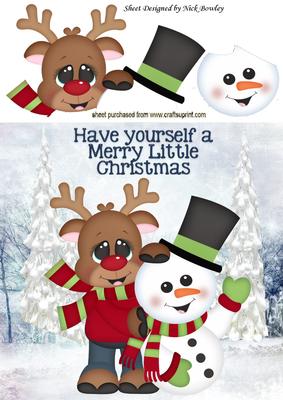 Waving Snowman and Reindeer in the Snow 8x8