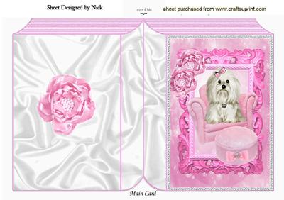 Cute Little Westie Sitting in Pink Arm Chair, Folded Book