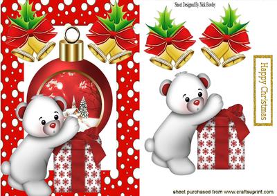 Cute White Teddy with Present and Snow Bauble