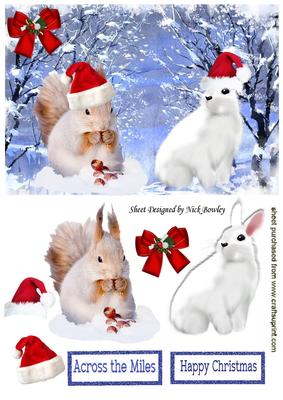Cute White Bunny and Squirrel in Santa Hats in the Snow