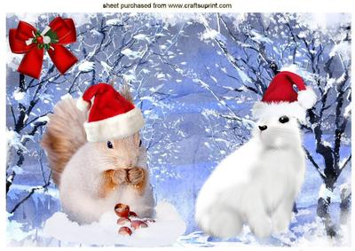 Cute White Bunny and Squirrel in Santa Hats in the Snow A4