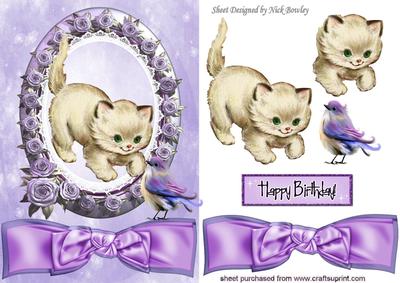 Little Vintage Kitten Playing & Little Bird in Rose Frame