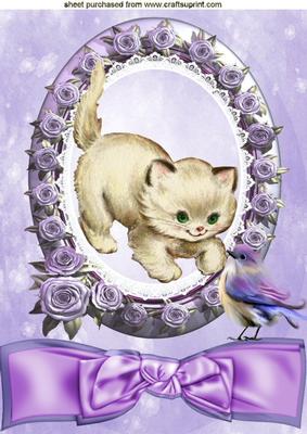 Little Vintage Kitten Playing & Little Bird in Rose Frame A4