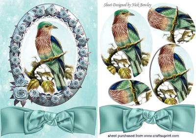 Pretty Blue Bird in Frame of Roses in Oval Pyramids