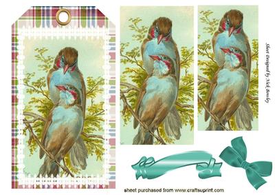 Pretty Wax Bill Birds on a Branch on a Tartan Tag