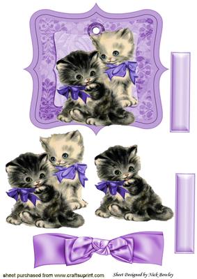 Vintage Kittens on a Tag with Lilac Bow