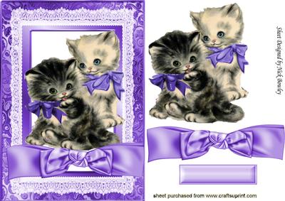 Vintage Kittens in Purple Lace Frame with Bow