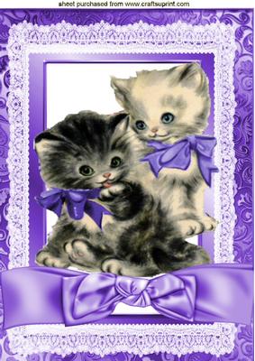 Vintage Kittens in Purple Lace Frame with Bow A4