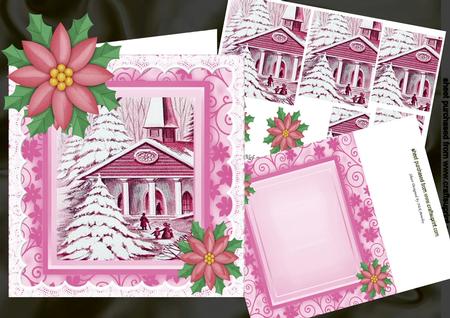 Pretty in Pink Church Scene with Poinsettias Pyramid 8x8