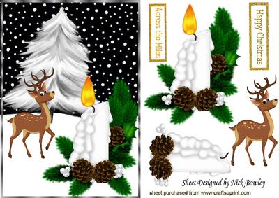 Pretty White Candle, Snowscene with Deer