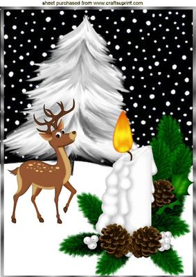 Pretty White Candle, Snowscene with Deer A4