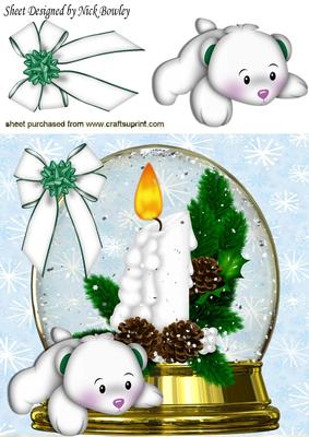 White Candle in Snowglobe with Polar Bear 8x8