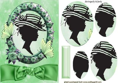 Pretty in Green/pink Rose Frame Silhouette Lady Oval Pyramid