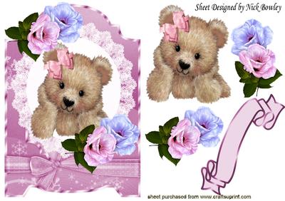 Cute Fuzzy Bear with Pretty Pink/lilac Flowers
