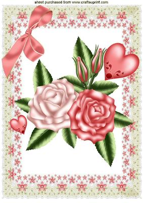 Pretty Pink Roses in Lace Frame with Hearts A4