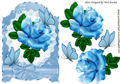Big Blue Rose, with Butterflies on Lace