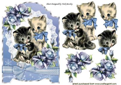 Vintage Kitties with Blue Roses on Lace with Bow