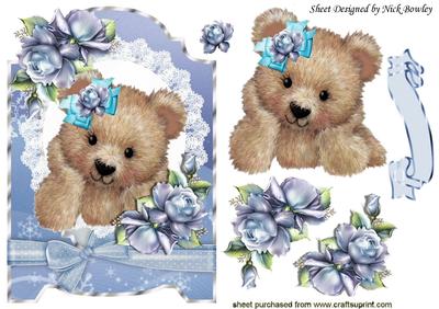 Fuzzy Bear, in Lace Frame of Blue Roses