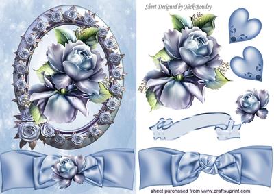 Blue Roses, in Rose Frame with Hearts and Bow