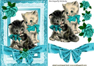Vintage Kitties in Turq Lace Frame with Bow & Roses