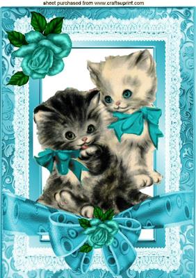 Vintage Kitties in Turq Lace Frame with Bow & Roses A4