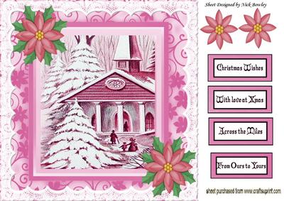 Pretty in Pink! Snow Scene with Church 8x8