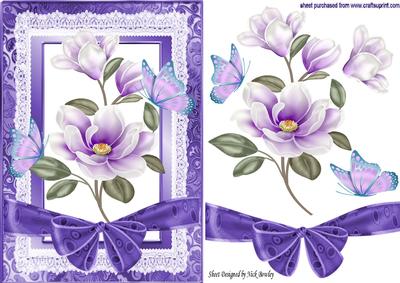 Lilac Magnolias with Butterflies on Lace with Bow