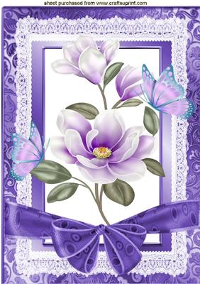 Lilac Magnolias with Butterflies on Lace with Bow A4