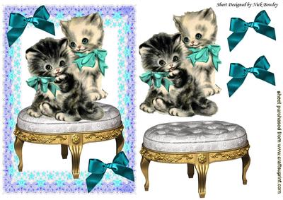 Little Vintage Kitties in Floral Frame Sitting on a Stool