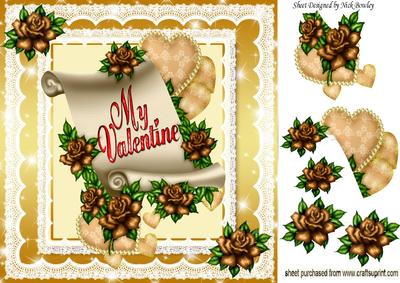 Gold Roses and Lace on a Scroll for Valentines 8x8