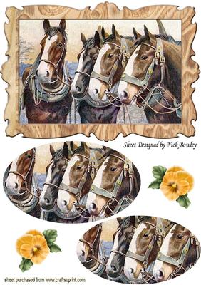 Vintage Shire Horses in Wooden Frame Oval Pyramids