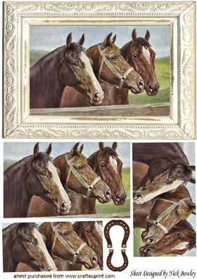 Vintage Horses Grazing, in Old Frame Pyramids