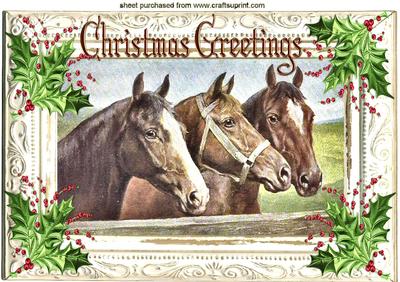 Vintage Horses in Frame with Holly & Berries A4