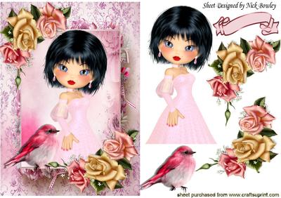 Pretty Lady in Her Pink Dress with Roses & Little Bird