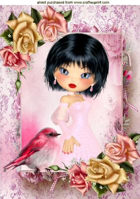 Pretty Lady in Her Pink Dress with Roses & Little Bird A4