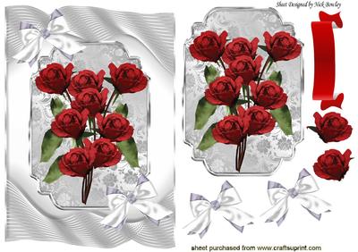 Red Bouquet of Roses in Silver Ornate Frame Crd & Topper