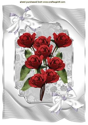 Red Bouquet of Roses in Silver Ornate Frame Crd & Topper A4