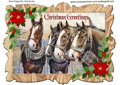 Vintage Shire Horses in Wooden Frame, with Poinsettias A4
