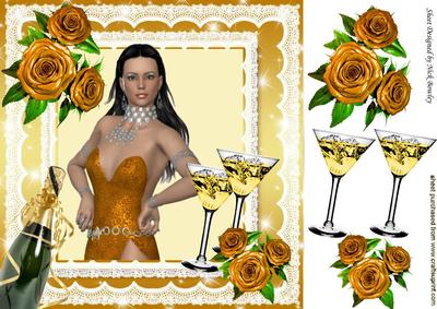 Party Girl in Gold, with Bubbly Champers and Roses 8x8
