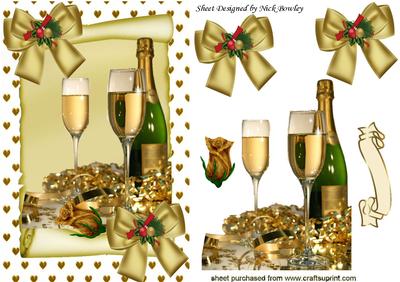 Champagne for Two! with Gold Rose, on a Scroll