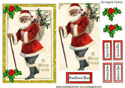 Lovely Vintage Santa with Holly Card, & Topper