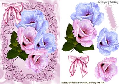 Pretty Lilac/pink Flowers, with Satin Bow in Ornte Frame
