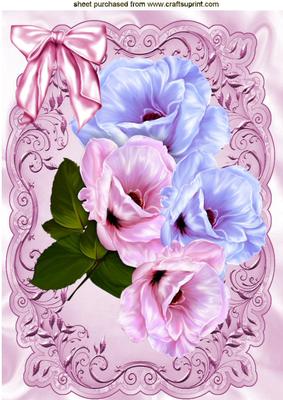 Pretty Lilac/pink Flowers, with Bow in Ornate Frame A4