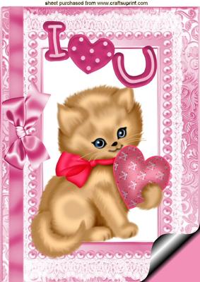 Cute I Love U Kitty with Heart, Pearls and Bow, A4