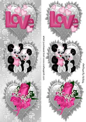 Love Pandas with Pink Rose, on Silver Frill Hearts Dl