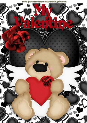 Cute Angel Bear with Red Rose on Black Lace Heart A4